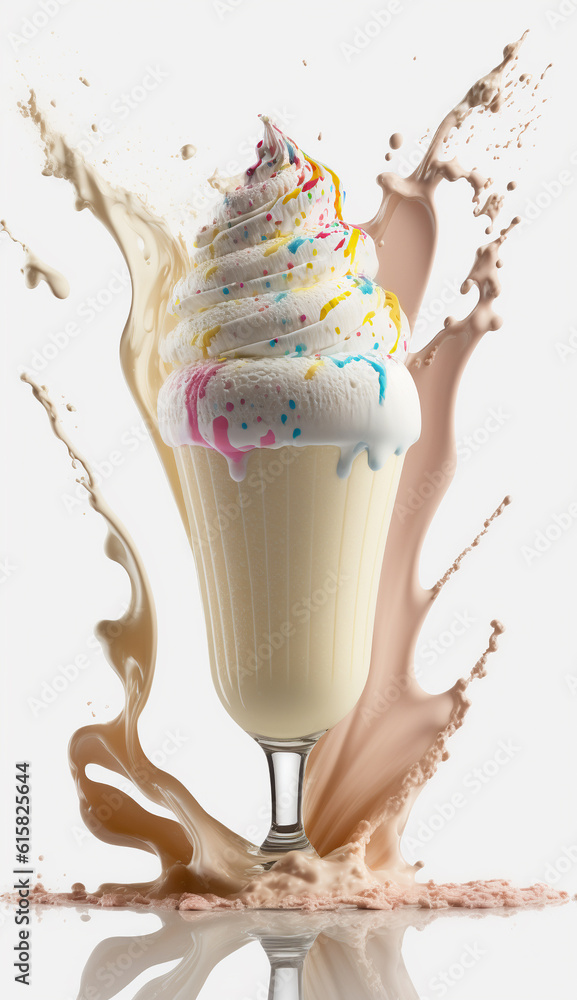 Cool and refreshing milkshake splash, topped with smooth ice cream. Generative AI image.