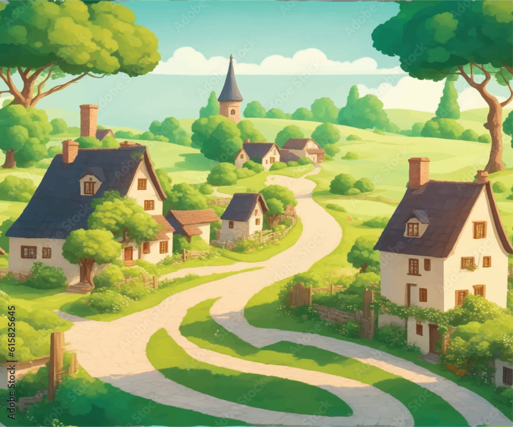 Naklejka premium charming and picturesque vector illustration of a peaceful countryside village, complete with cozy houses, winding pathways, and lush greenery