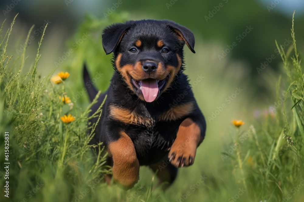 happy rottweiler puppy jumping on grass in summer. Generative AI happy rottweiler puppy jumping on grass in summer. Generative AI