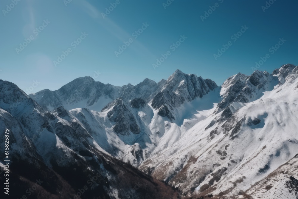 mountains cover with snow and clear blue sky. Generative AI