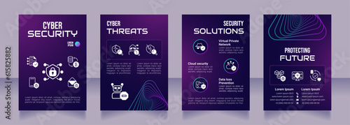 Cyber security purple premade brochure template. Cybersecurity threats. Information safety booklet design with icons, copy space. Editable 4 layouts. Bebas Neue, Audiowide, Roboto Light fonts used