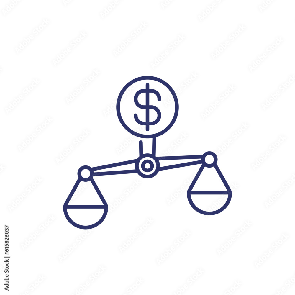 Scales and money, financial balance line icon on white Scales and money, financial balance line icon on white
