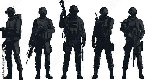 Army soldiers with sniper rifle on duty vector silhouette on white and transparent background, Jawan black silhouettes collection