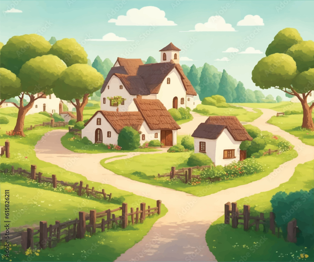 charming and picturesque vector illustration of a peaceful countryside village, complete with cozy houses, winding pathways, and lush greenery charming and picturesque vector illustration of a peaceful countryside village, complete with cozy houses, winding pathways, and lush greenery