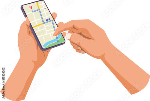 Phone with map and gps in hand. Hand touch smartphone screen and hold mobile phone with apps for navigation or searching route on map or GPS. Flat vector illustration