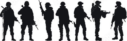 Set of Army Soldier Silhouettes on white background, soldiers with sniper rifle on duty vector silhouette, Jawaan black silhouettes collection 