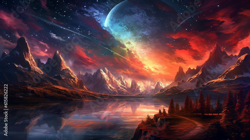 sunset over a mountain lake with mountains in the background in red and dark colors, in the style of bright fantasy landscapes, background with an epic landscape. ai generative