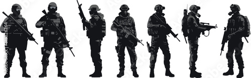 Army soldiers with sniper rifle on duty vector silhouette on whote background, Jawan black silhouettes collection photo