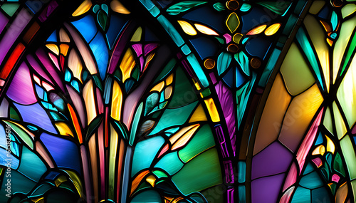 background in the technique of vintage stained glass with leaf motifs, multi-colored stained glass with plants, generative ai © Yuliia
