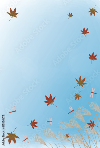 紅葉とススキと赤とんぼがモチーフの秋晴れ空の水彩風背景イラストフレーム © Kei A