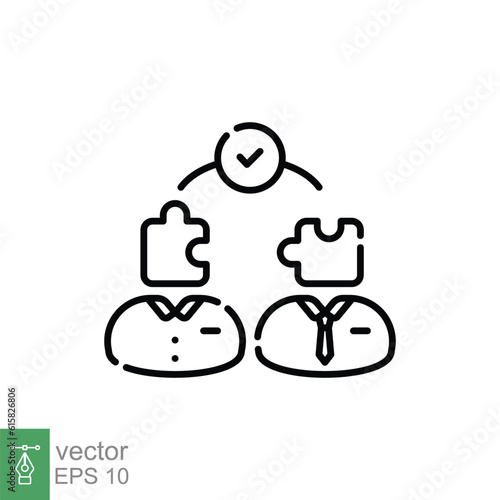 Work together icon. Simple outline style. People with puzzle, help, two man collaborate, teamwork concept. Thin line symbol. Vector illustration isolated on white background. EPS 10.