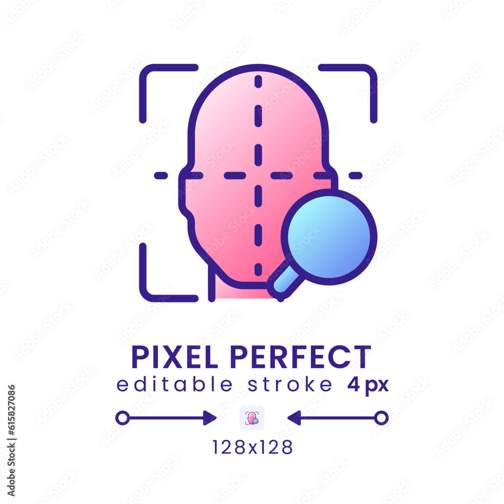 Facial coding gradient fill desktop icon. Face recognition. Measuring human emotions. Pixel perfect 128x128, outline 4px. Modern colorful linear symbol. Vector isolated editable RGB element Facial coding gradient fill desktop icon. Face recognition. Measuring human emotions. Pixel perfect 128x128, outline 4px. Modern colorful linear symbol. Vector isolated editable RGB element