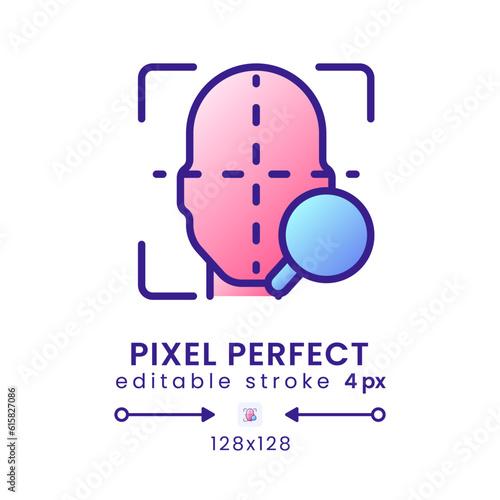Facial coding gradient fill desktop icon. Face recognition. Measuring human emotions. Pixel perfect 128x128, outline 4px. Modern colorful linear symbol. Vector isolated editable RGB element