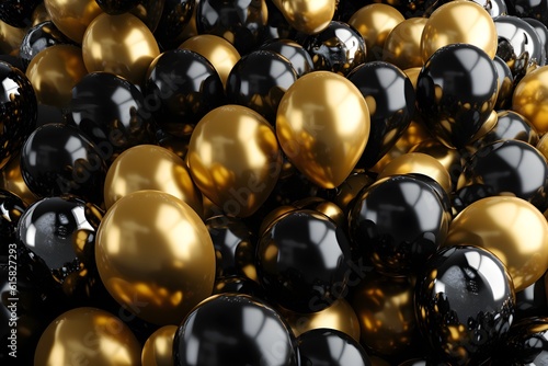 Bunch of golden and black balloons tied together for wedding anniversary celebration concept background, generative ai, shiny glossy 3d balloons background for celebration 
