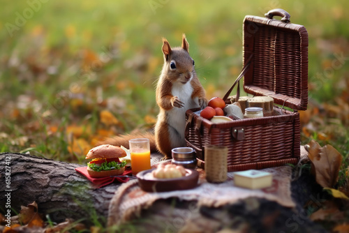 squirrel setting up a picnic, fantasy illustration, generated with ai
