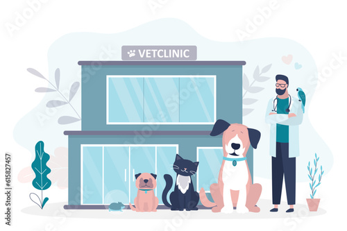 Veterinary male doctor with cat, parrot and dogs near veterinary office building. Healthy and cute pets. Vet clinic, veterinary office or hospital. veterinarian and happy animals.
