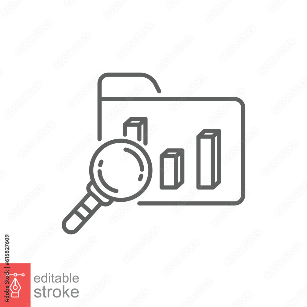 Business analysis icon. Simple outline style. Report, market research data, chart, glass, financial concept. Thin line symbol. Vector illustration isolated on white background. Editable stroke EPS 10.