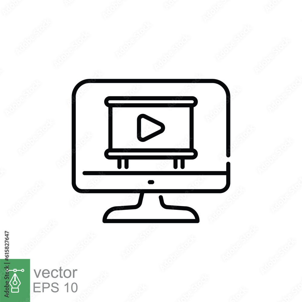 Video tutorial icon. Simple outline style. Webinar, play, stream, monitor with player, online education concept. Thin line symbol. Vector illustration isolated on white background. EPS 10. Video tutorial icon. Simple outline style. Webinar, play, stream, monitor with player, online education concept. Thin line symbol. Vector illustration isolated on white background. EPS 10.
