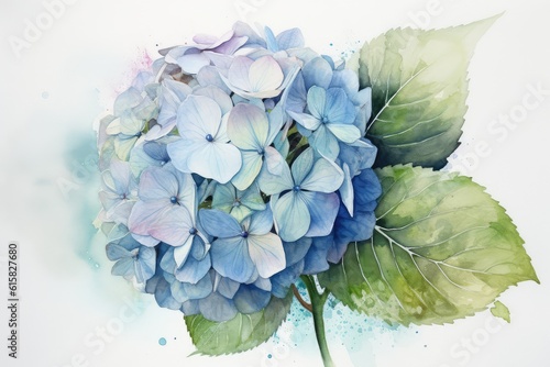 One blue watercolor hydrangea flower on white background. Generative AI