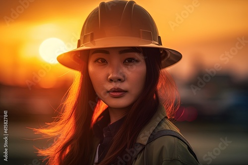 Portrait of a beautiful asian woman engineer with hard hat at sunset.Generative Ai © Rudsaphon