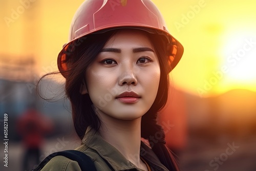 Portrait of a beautiful asian woman engineer with hard hat at sunset.Generative Ai