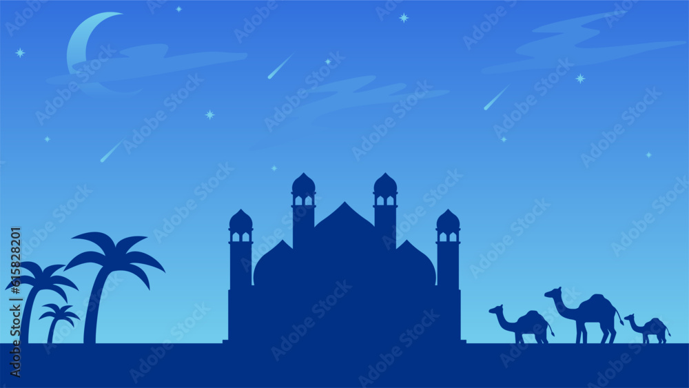 Islamic landscape vector illustration. Mosque landscape with mountain hill and shiny sky. Background landscape for islam religion and muslim faith. Wallpaper of design mountain with mosque silhouette Islamic landscape vector illustration. Mosque landscape with mountain hill and shiny sky. Background landscape for islam religion and muslim faith. Wallpaper of design mountain with mosque silhouette