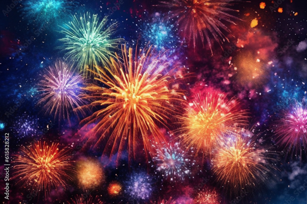 Abstract holiday colorful fireworks in night sky background. AI generative