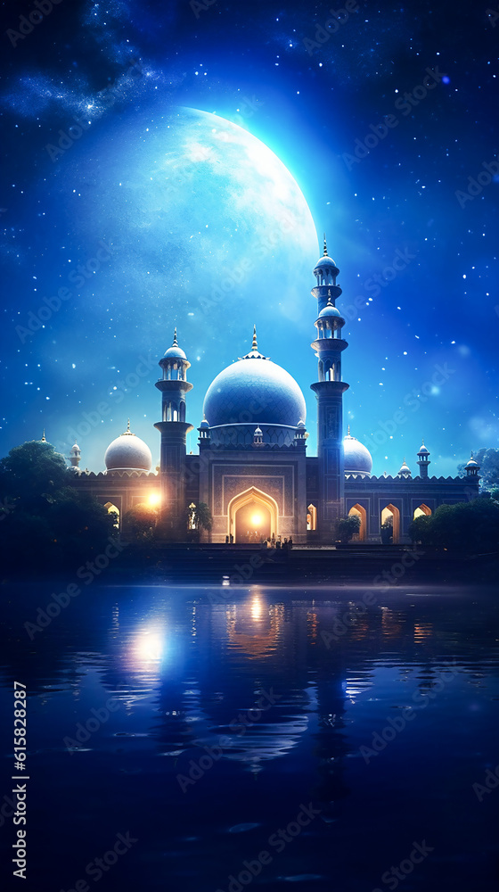 Arabian Nights Moon. Generative AI.
A digital rendering of a palace at night with an Arabian Nights theme.