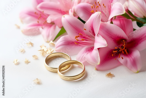 pink flowers and two golden wedding rings on white surface © Ployker
