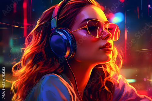Illustration of young woman listening to music via headphones. neon lights in the night