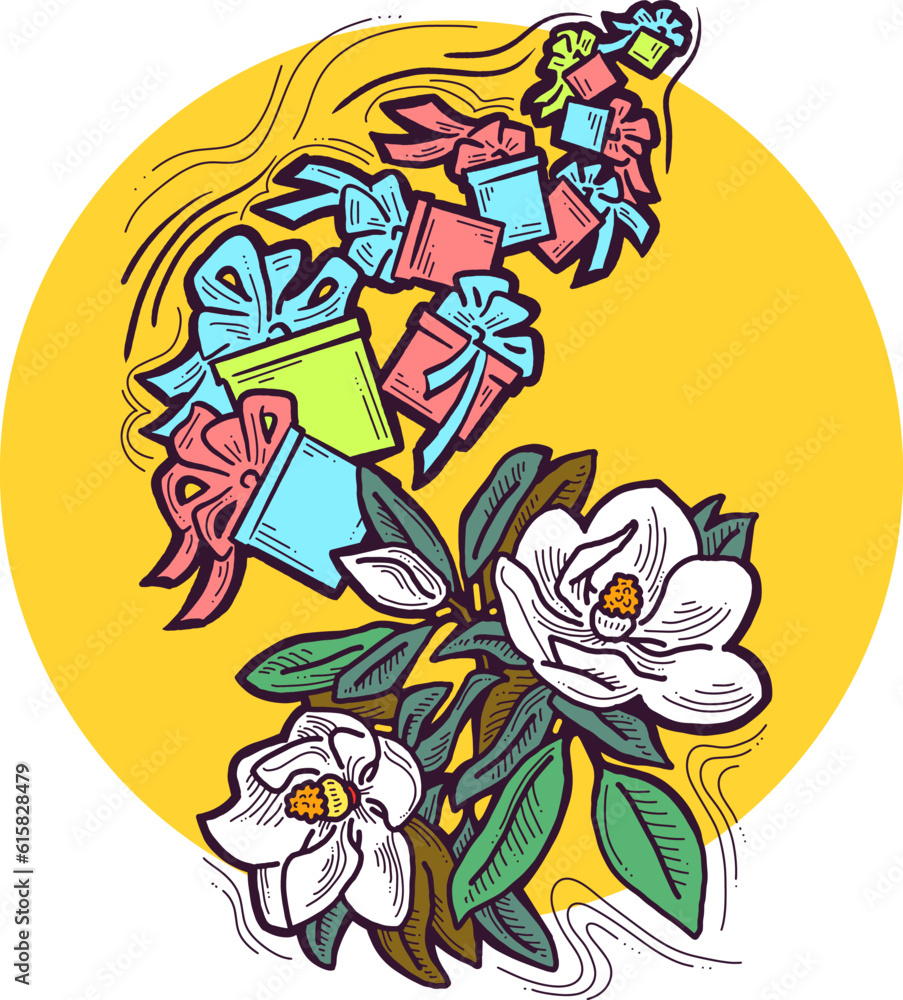 Present box with ribbon bow decorated with flowers for birthday gift, sale promotion, valentines or mothers day card, poster print. Hand drawn cartoon style illustration. Line vector drawing. Present box with ribbon bow decorated with flowers for birthday gift, sale promotion, valentines or mothers day card, poster print. Hand drawn cartoon style illustration. Line vector drawing.