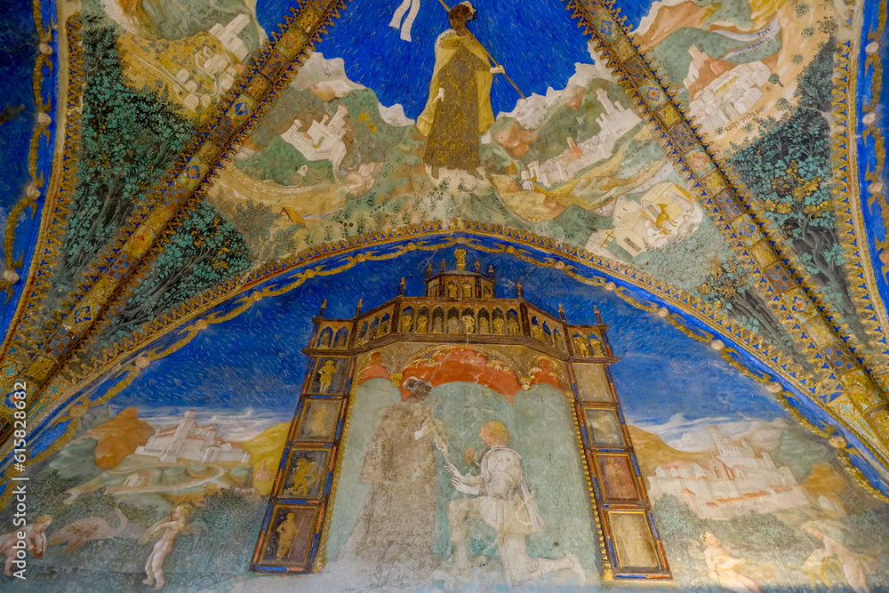 blue painted ceiling, interior of the Castle Torrechiara in Langhirano, Italy 