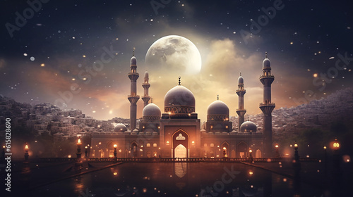 Arabian Nights Moon. Generative AI. A digital rendering of a palace at night with an Arabian Nights theme.