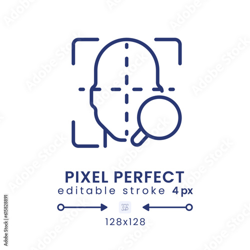Facial coding linear desktop icon. Face recognition. Measuring human emotions. Pixel perfect 128x128, outline 4px. GUI, UX design. Isolated user interface element for website. Editable stroke