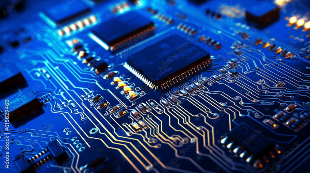 a beautiful computer circuit board with blue lights - AI generated a beautiful computer circuit board with blue lights - AI generated