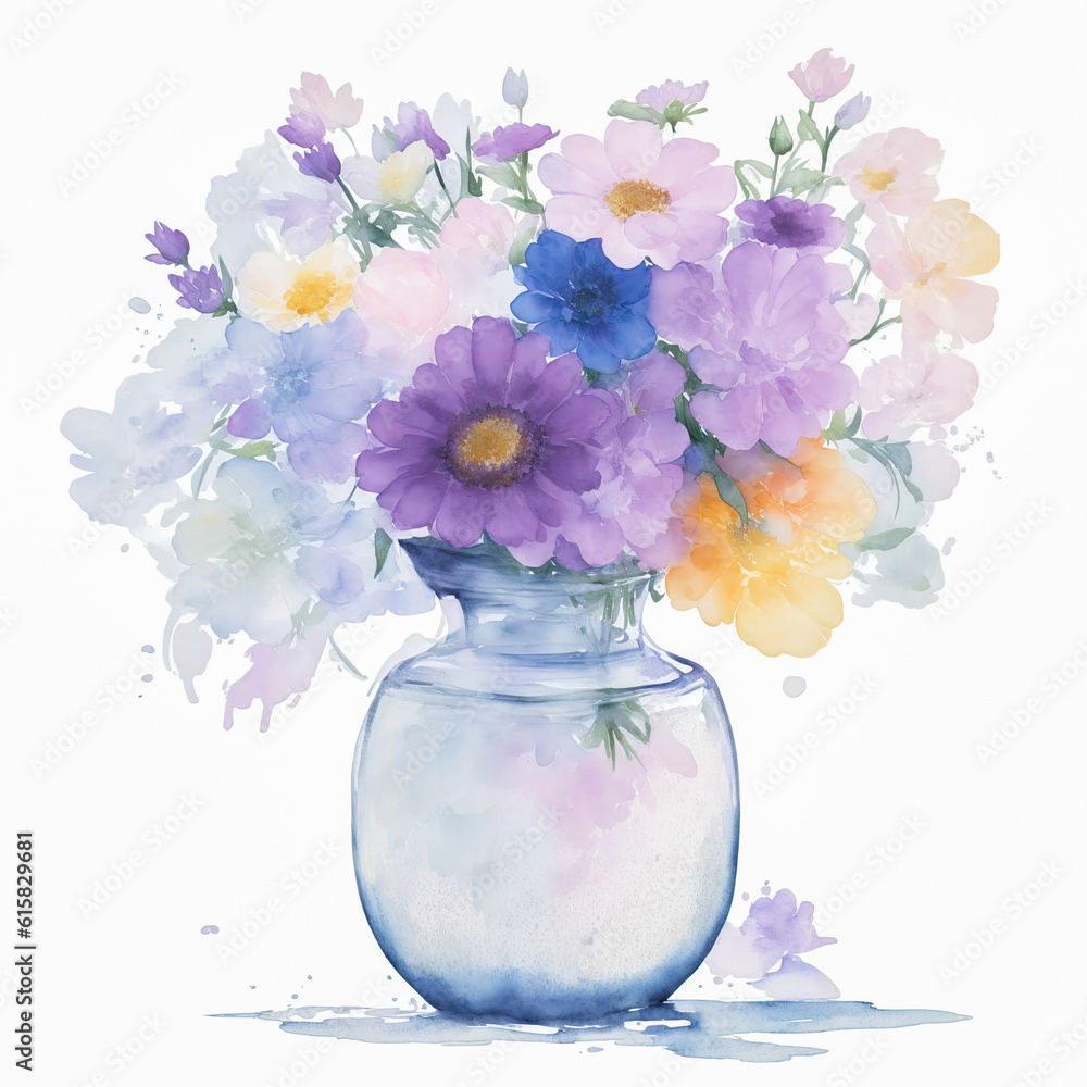 Watercolor style lilac flowers in glass vase illustration Watercolor style lilac flowers in glass vase illustration