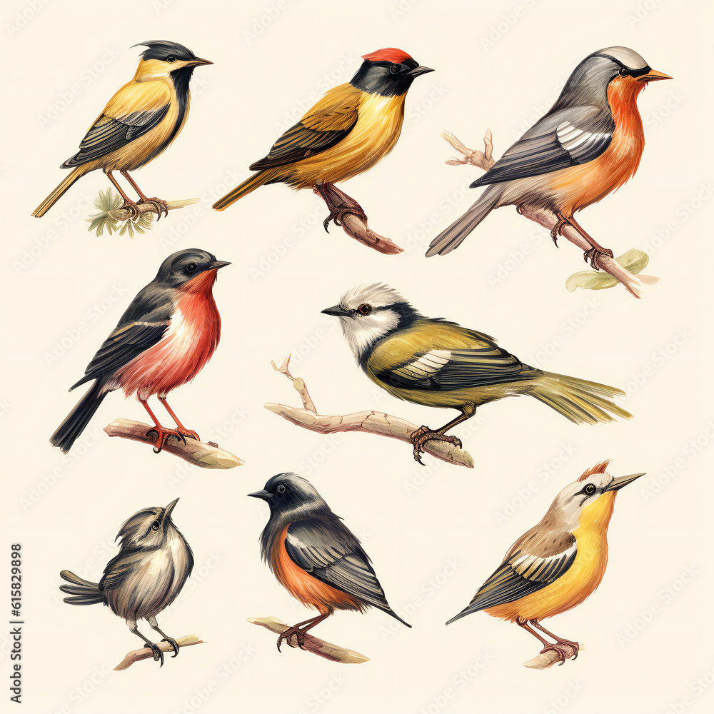 Set of different birds illustration. Isolated background. Generative AI. Set of different birds illustration. Isolated background. Generative AI.
