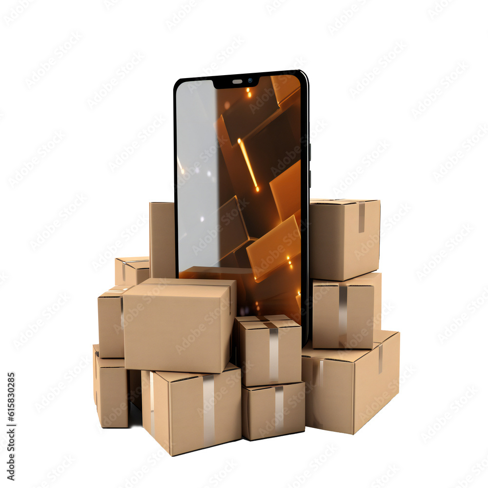 Obraz premium Smartphone with parcel delivery boxes. Online shipping or delivering concept. Transparent background. Generative AI.