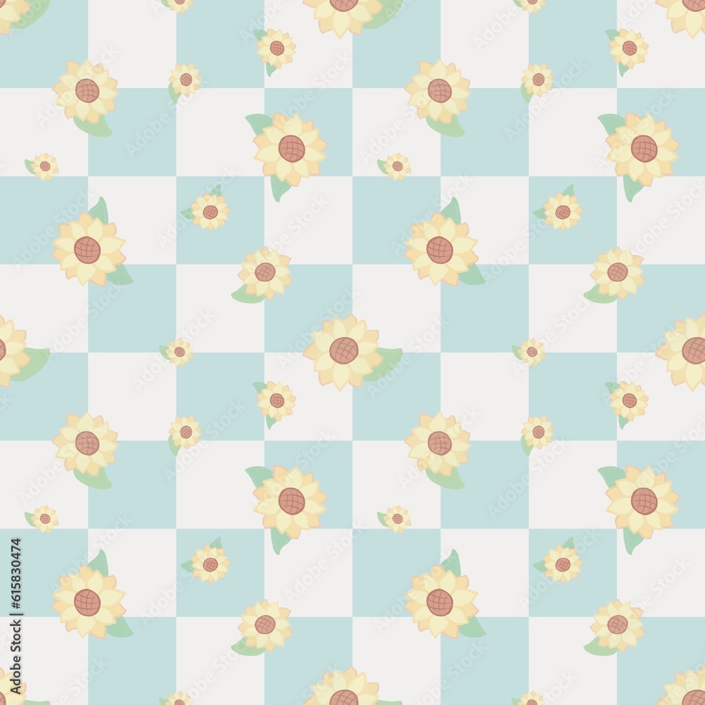 Sunflowers on the blue-white checkered seamless pattern Sunflowers on the blue-white checkered seamless pattern