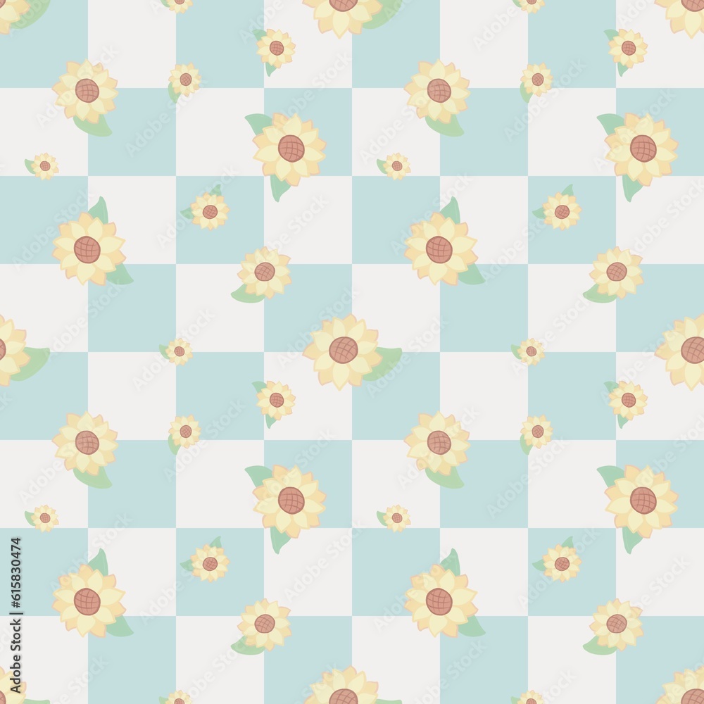 Sunflowers on the blue-white checkered seamless pattern