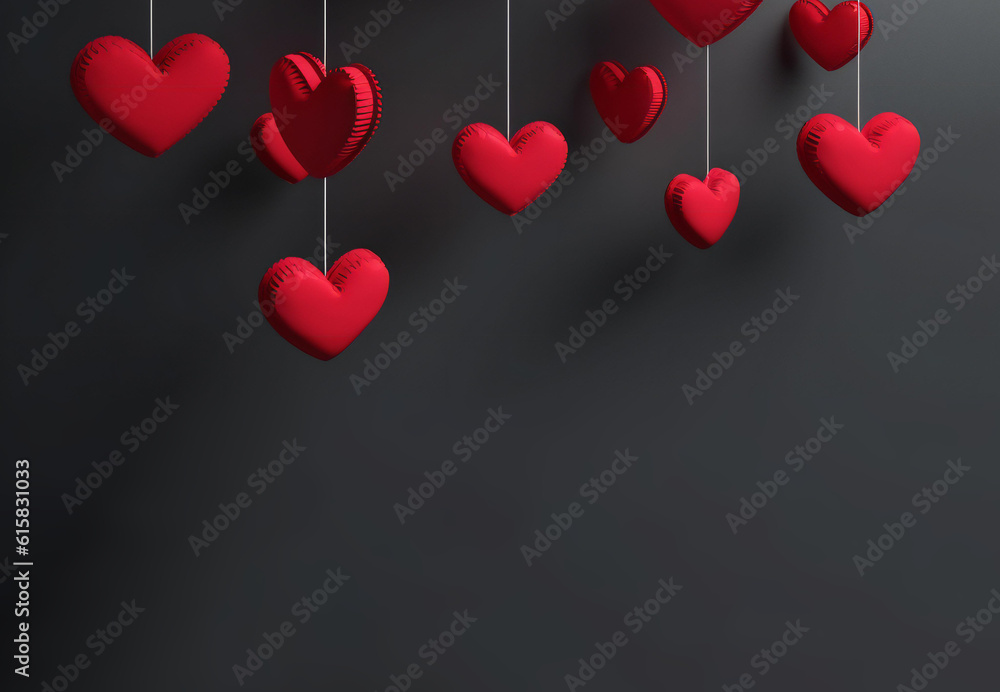 Hanging hearts on black background. Banner. Generative AI.