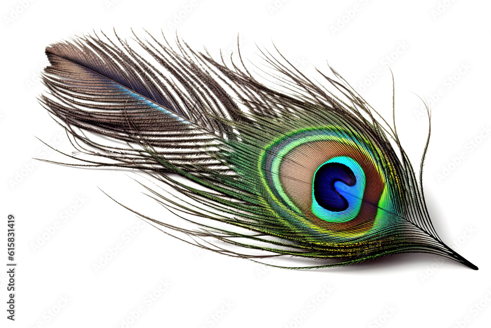 Obraz premium Image of peacock feather on white background. Bird. Wildlife Animals. Illustration. Generative AI.