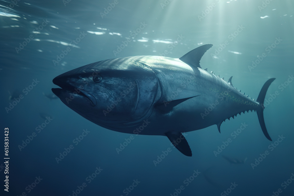 Fototapeta premium Image of a giant bluefin tuna fish swimming in clear ocean water. Undersea animals. Illustration. Generative AI.