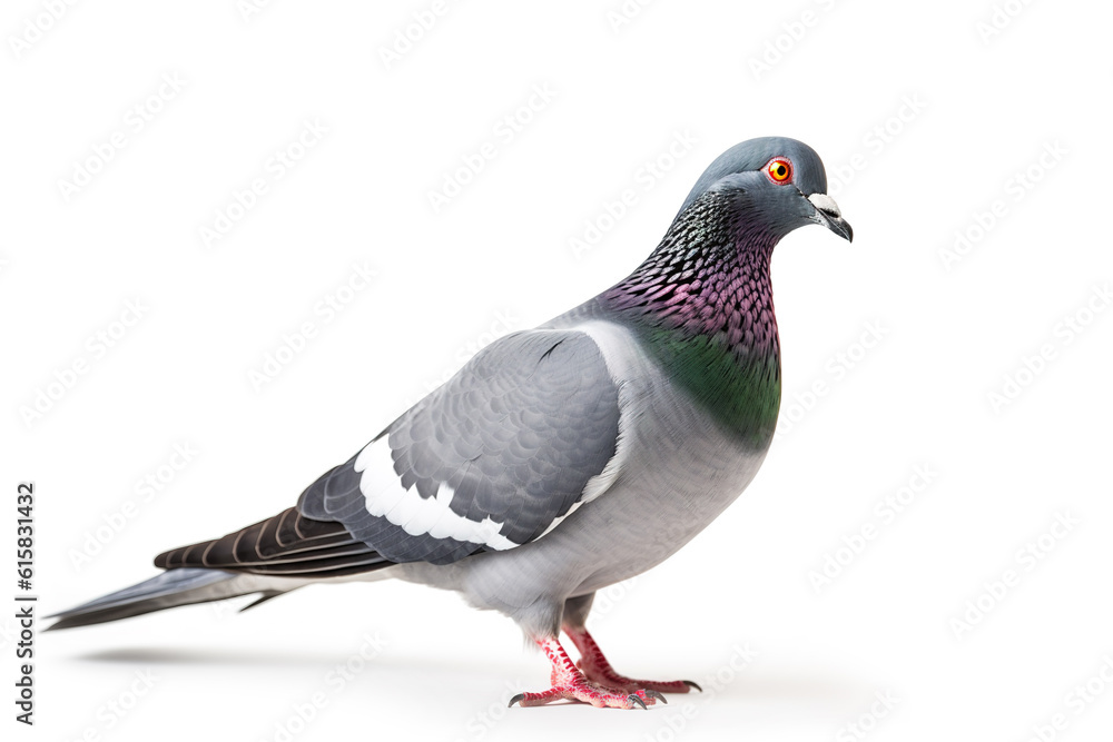 Image of pigeon standing on white background. Wildlife Animals. Illustration. Generative AI. Image of pigeon standing on white background. Wildlife Animals. Illustration. Generative AI.