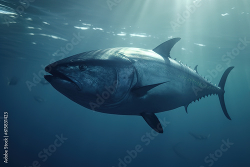 Image of a giant bluefin tuna fish swimming in clear ocean water. Undersea animals. Illustration. Generative AI.