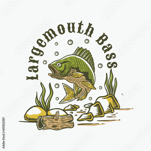 large mouth bass fish hand drawn logo in vintage style