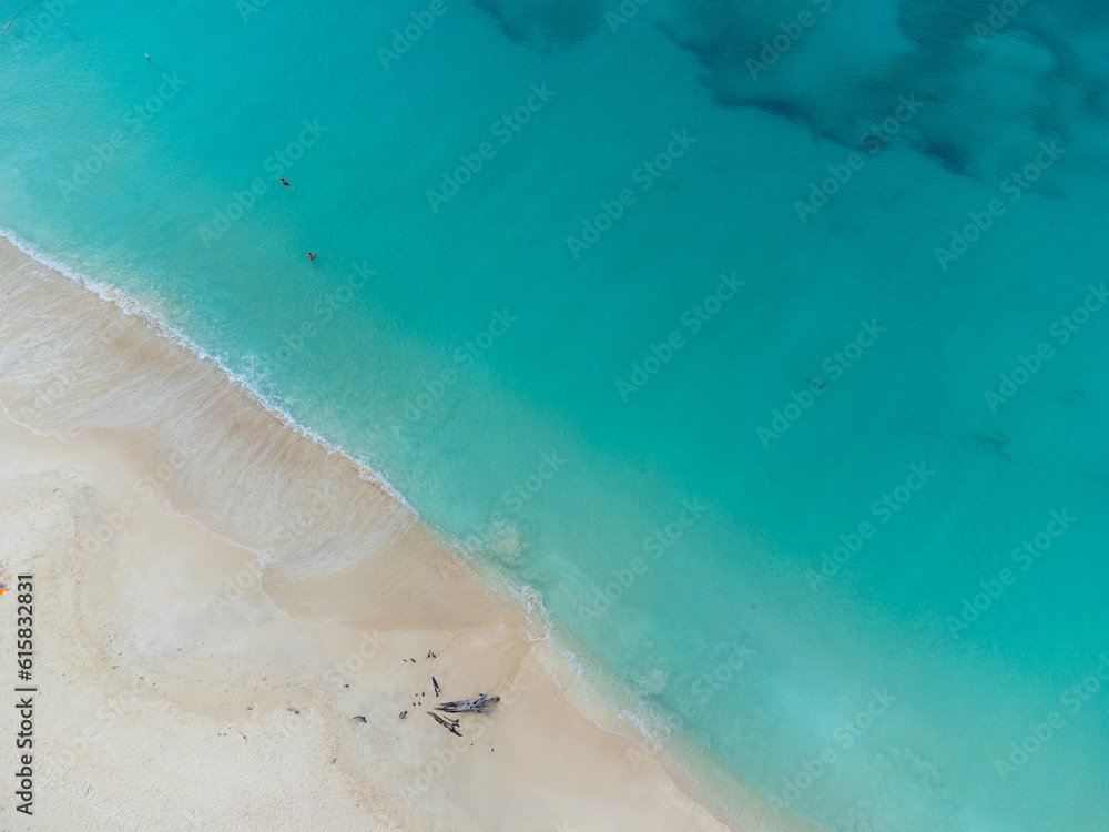 Obraz premium Aerial drone panorama of the white beaches of Antigua island in the Caribbean sea