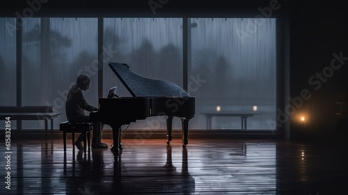 silhouette of a person playing the piano