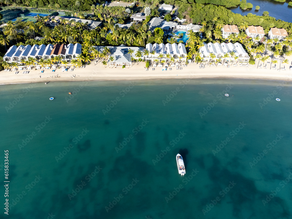 Aerial drone panorama of the white beaches of Antigua island in the Caribbean sea