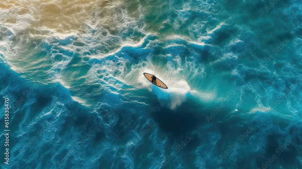 The view from Drone above A surfer is surfing on a surfboard